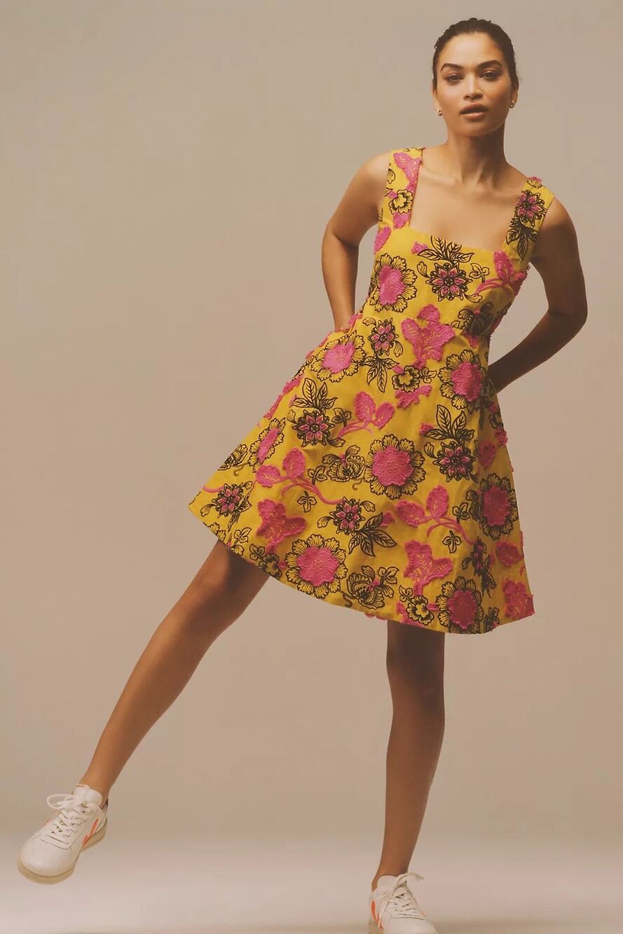 Anthropologie Eliska Embroidered Mini Dress Square Neck Yellow Pink Floral 4P